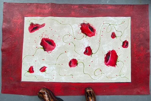 Hand-Painted Poppy Floorcloth Rug Red & White Abstract Floral Art - image 1
