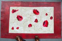 Hand-Painted Poppy Floorcloth Rug Red & White Abstract Floral Art - thumbnail 1