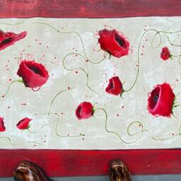 Hand-Painted Poppy Floorcloth Rug Red & White Abstract Floral Art - thumbnail 2