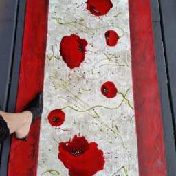 Hand-Painted Poppy Floorcloth Rug Red & White Abstract Floral Art - thumbnail 3