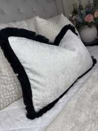 White Textured Cushion Cover With Silver Shimmer & Black Fringe Luxury Sofa Decor Handmade in UK All Sizes Available - Diana