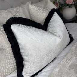 White Textured Cushion Cover With Silver Shimmer & Black Fringe Luxury Sofa Decor Handmade in UK All Sizes Available - Diana - thumbnail 4