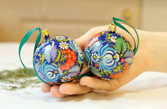 Hand-Painted Floral Christmas Ball Ornament Set, Ukrainian Petrykivka Art - image 1