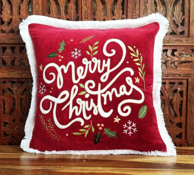 Merry Christmas Red Cotton Velvet Embroidered Pillow Cover - image 1