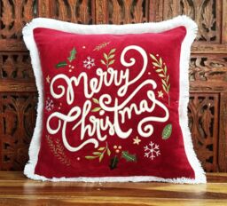Merry Christmas Red Cotton Velvet Embroidered Pillow Cover - thumbnail 1
