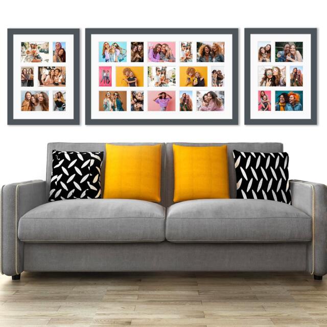 Multi Photo Frame Set Of 3 - Gallery Wall Grey Wood Grain Frames With White Mounts - image 1