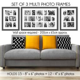 Multi Photo Frame Set Of 3 - Gallery Wall Grey Wood Grain Frames With White Mounts - thumbnail 2