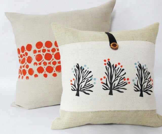 Hand Block Printed Tree Pillow Cover Orange Blossom Burlap Accent - image 1