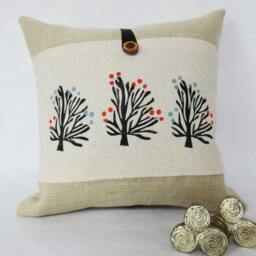 Hand Block Printed Tree Pillow Cover Orange Blossom Burlap Accent - thumbnail 2