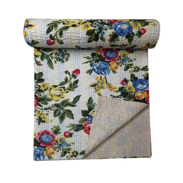Handmade Floral Kantha Quilt Bohemian Indian Bedspread - Queen Size - image 1
