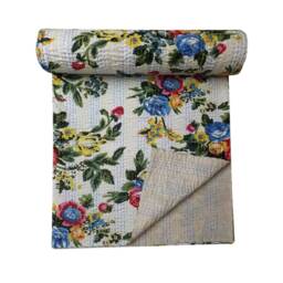 Handmade Floral Kantha Quilt Bohemian Indian Bedspread - Queen Size - thumbnail 1