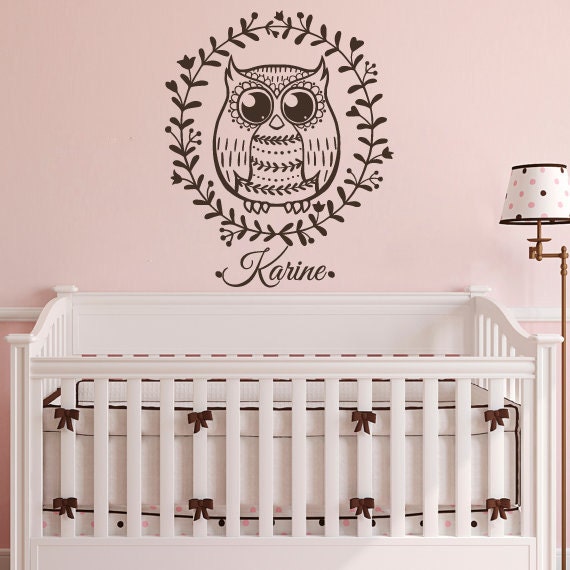 Wall Decals Custom Personalized Name Decal Owl Leaves Frame Vinyl Sticker Girl Bedroom Nursery Baby Room Children Playroom Home Decor La17 - image 1