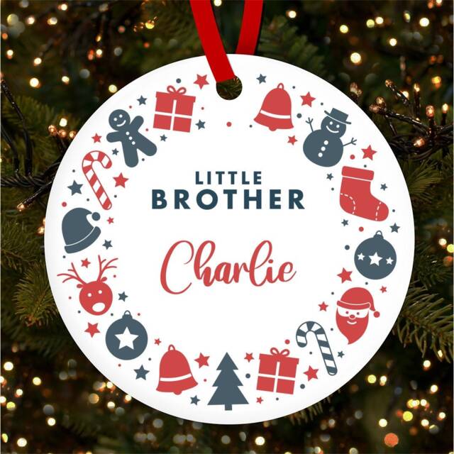 Little Brother Blue Red Festive Personalised Christmas Tree Ornament Decoration