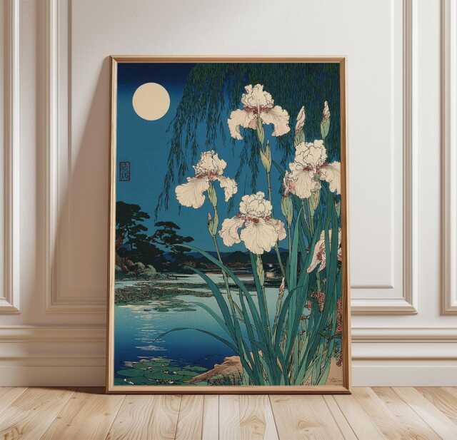 Moonlit Iris Flower Wall Art Poster - Japanese Landscape Print With Lake & Full Moon Traditional Asian Decor - image 1