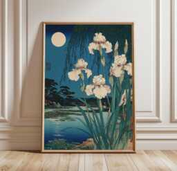 Moonlit Iris Flower Wall Art Poster - Japanese Landscape Print With Lake & Full Moon Traditional Asian Decor - thumbnail 1