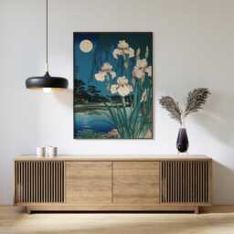 Moonlit Iris Flower Wall Art Poster - Japanese Landscape Print With Lake & Full Moon Traditional Asian Decor - thumbnail 3