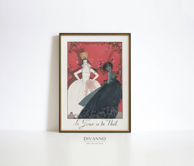 Woman Wall Art, Day & Night Art Print, Elegant Fashion Canvas, Cozy Home Decor, Deco Illustration, Exhibition Poster, Vintage Dress - image 1
