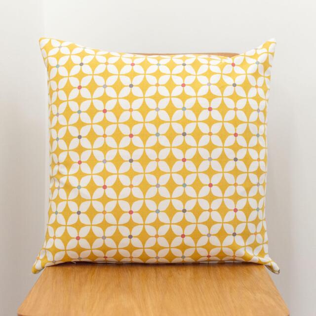 Quirky Retro Geometric Printed Cushion in Summer Yellow. Floral Star Design With Multicoloured Detail. 100% Cotton, 17 - image 1