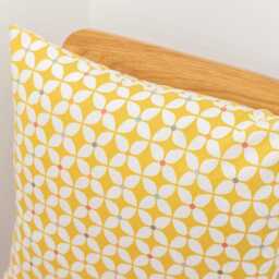 Quirky Retro Geometric Printed Cushion in Summer Yellow. Floral Star Design With Multicoloured Detail. 100% Cotton, 17 - thumbnail 2