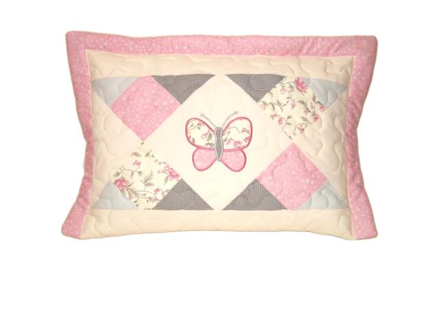 Geometric Patchwork Pillow Case, Quilted Cushion For Baby Girls, Butterfly Appliu??, Nursery Room Decor, Pink-Cream-Gray - image 1