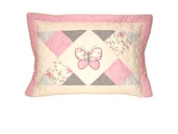 Geometric Patchwork Pillow Case, Quilted Cushion For Baby Girls, Butterfly Appliu??, Nursery Room Decor, Pink-Cream-Gray - thumbnail 1