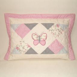 Geometric Patchwork Pillow Case, Quilted Cushion For Baby Girls, Butterfly Appliu??, Nursery Room Decor, Pink-Cream-Gray - thumbnail 2