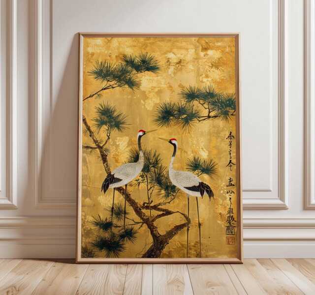 Japanese Crane Wall Art, Gold Foil Style Oriental Poster, Pine Tree Bird Print, Elegant Asian Decor, Traditional Artwork Unframed - image 1