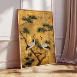 Japanese Crane Wall Art, Gold Foil Style Oriental Poster, Pine Tree Bird Print, Elegant Asian Decor, Traditional Artwork Unframed - thumbnail 3