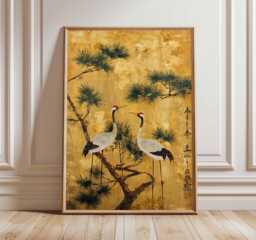 Japanese Crane Wall Art, Gold Foil Style Oriental Poster, Pine Tree Bird Print, Elegant Asian Decor, Traditional Artwork Unframed - thumbnail 1