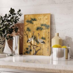 Japanese Crane Wall Art, Gold Foil Style Oriental Poster, Pine Tree Bird Print, Elegant Asian Decor, Traditional Artwork Unframed - thumbnail 2