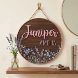 Personalized Wildflower Nursery Name Sign, Round Wooden Baby Custom 3D Floral Wall Decor, Boho Girl Gift - thumbnail 1