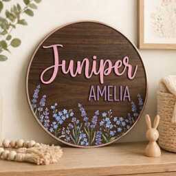 Personalized Wildflower Nursery Name Sign, Round Wooden Baby Custom 3D Floral Wall Decor, Boho Girl Gift - thumbnail 2