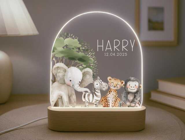 Personalised Children's Safari Night Light - Led Lamp Nursery Decor Baby Boy Girl Gift For New Name Sign Jungle Bedroom - image 1