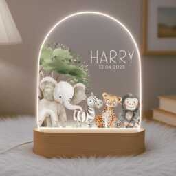 Personalised Children's Safari Night Light - Led Lamp Nursery Decor Baby Boy Girl Gift For New Name Sign Jungle Bedroom - thumbnail 2