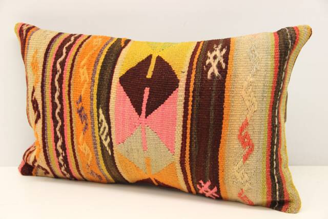 Turkish Kilim Lumbar Pillow Cover 12x20, Wool & Cotton - image 1