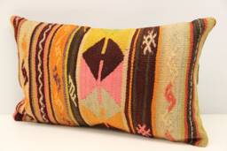 Turkish Kilim Lumbar Pillow Cover 12x20, Wool & Cotton - thumbnail 1