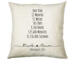 Personalised 1st Anniversary Cotton Gift Cushion One Year Custom Design Valentines Present - Wedding Pillow Cs467 - thumbnail 1