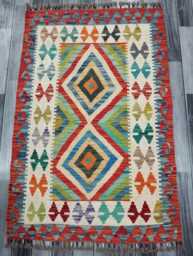 Traditional Kilim Rug, Handmade Artisan Afghan Turkish Scandinavian Navajo Bohemian Wool Flatweave Multicolour Rug 129x85 cm - thumbnail 1
