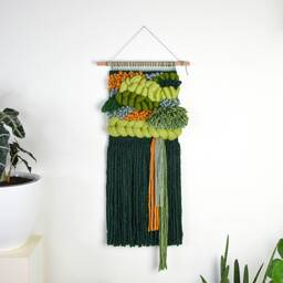 Green Tone Woven Wall Hanging, Boho Textile Art, Handwoven Fiber Decor