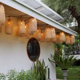Bamboo Pendant String Lights - Weatherproof Outdoor Garden Lighting Wicker Rattan Basket Style - thumbnail 3