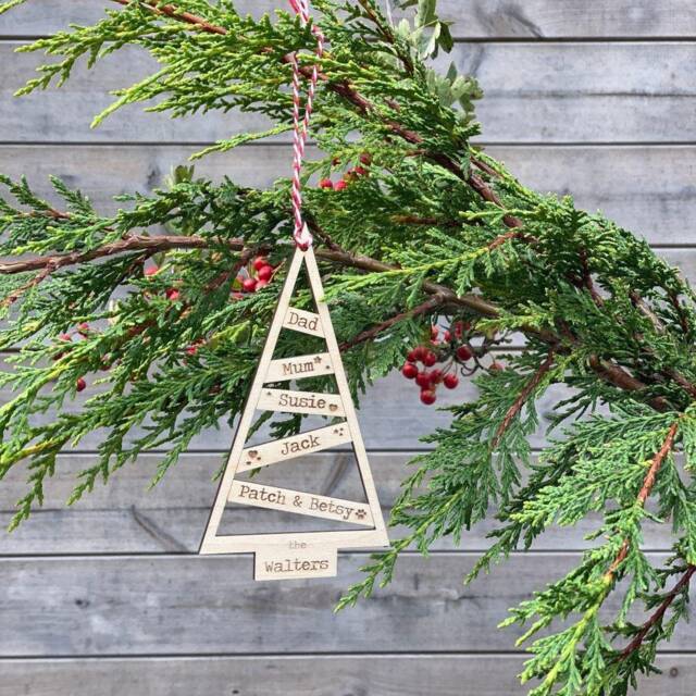 Personalised Family Wooden Christmas Tree Decoration, Name Keepsake Bauble Gift, Festive Decoration - image 1