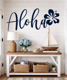 Aloha Wall Decal, Hibiscus Flower Decor, Door Decals, Beach Home Decor, Welcome Sign - thumbnail 1