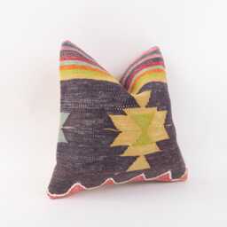 Vintage Turkish Kilim Pillow Cover Handwoven Wool Cushion, 16x16 - thumbnail 3