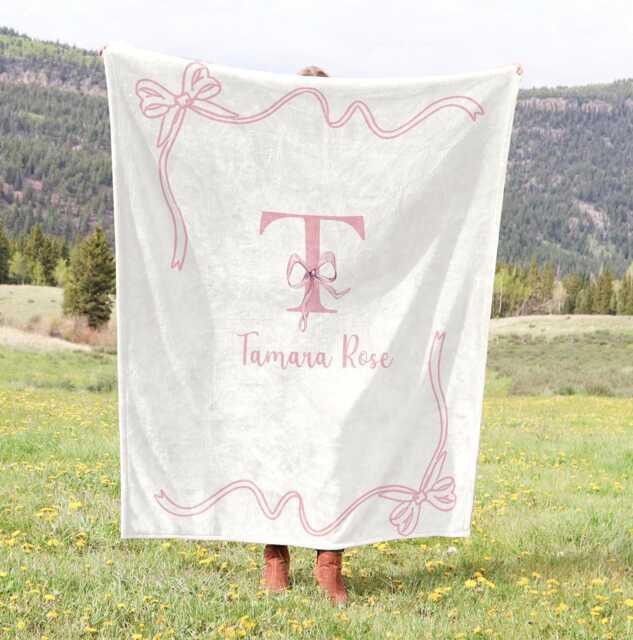 Personalized Baby Name Blanket, Coquette Bow Nursery Blanket With Name, Monogram Girl Pink Ribbon - image 1