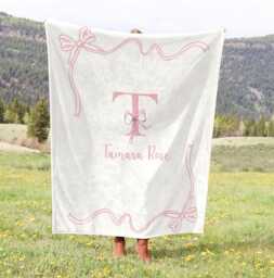 Personalized Baby Name Blanket, Coquette Bow Nursery Blanket With Name, Monogram Girl Pink Ribbon - thumbnail 1