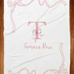 Personalized Baby Name Blanket, Coquette Bow Nursery Blanket With Name, Monogram Girl Pink Ribbon - thumbnail 2