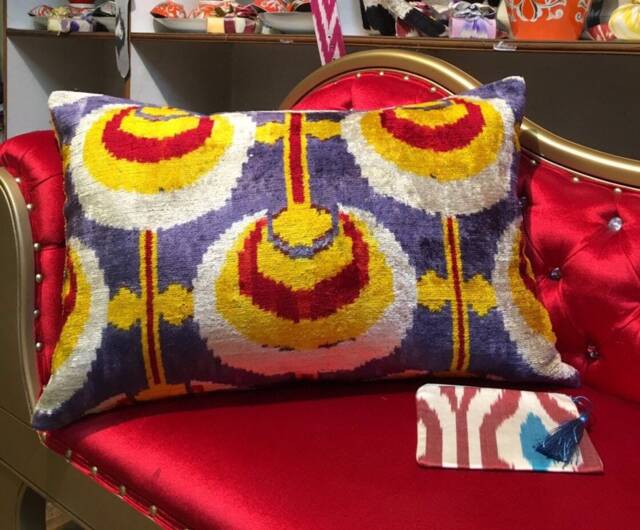 Handwoven Ikat Velvet Lumbar Pillow Cover Uzbek Silk Throw - image 1