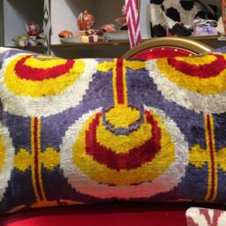 Handwoven Ikat Velvet Lumbar Pillow Cover Uzbek Silk Throw - thumbnail 2