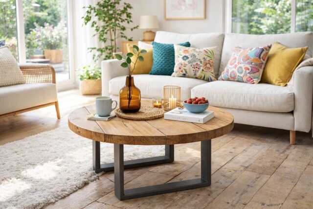 Handmade Round Coffee Table Rustic Scaffold Board With Steel Legs - image 1