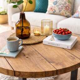 Handmade Round Coffee Table Rustic Scaffold Board With Steel Legs - thumbnail 3